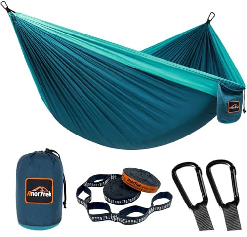 AnorTrek Camping Hängematte, superleichte tragbare Fallschirm Hängematte mit Zwei Baumgurten Einzel oder Doppel Nylon Reisebaum Hängematten Blue&Dark Blue