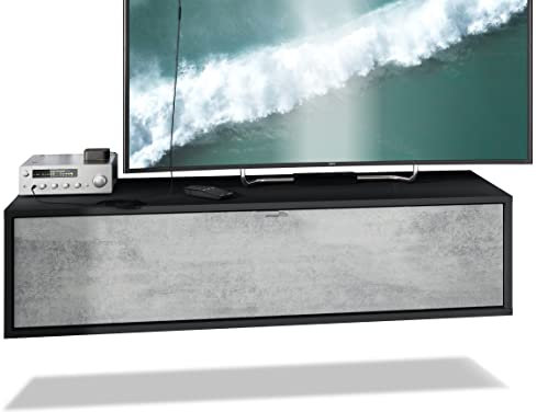 Vladon TV Board Lana 120 Hängeschrank Lowboard 120 x 29 x 37 cm, Made in Germany, Korpus in Schwarz matt, Fronten in Beton Oxid Optik | Große Farbauswahl