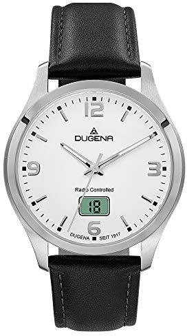 Dugena Herren-Armbanduhr 4460861 Tresor Funk, Funkuhrwerk, weißes Zifferblatt, Edelstahlgehäuse, Saphirglas, Lederarmband, Dornschließe, 10 bar