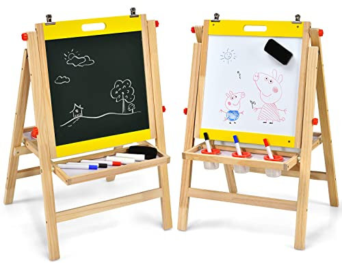 LIFEZEAL 2 in 1 Kindertafel, Höhenverstellbare Staffelei Kinder, Standtafel aus Holz, Abklappbare Maltafel, Doppelseitenbrett mit Kreidetafel & Whiteboard, mit Zubehör & Ablageregal (Gelb)
