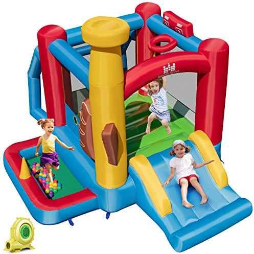 GOPLUS Aufblasbare Hüpfburg, Spielburg mit Rutsche, Sprungbereich, Bällebad, Tragetasche, aufblasbares Trampolin Spielburg Set für Kinder ab 3 Jahren, für Indoor Outdoor Garten (Baseball, Mit Gebläse)