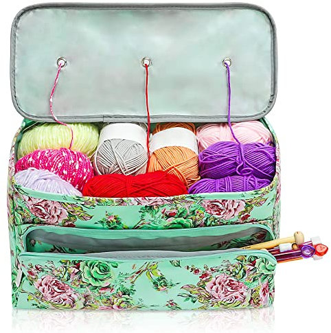 Viitech Yarn Storage Knitting Bag, Oxford Cloth Knitting Organizers With Compartments, Yarn Storage Organizer with Holes Knitting Bag Prevent Tangling Totes for Wool and Hooks, Knitter's Gift (Flower)
