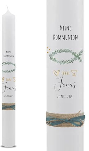 VILLA ROSA LOTTA – Personalisierbare Kommunionkerze „Jonas“ mit Wunschdaten und Rückseite | Eukalyptus Fisch | 40 cm x 4 cm | für Jungen und Mädchen | Altarkerze elfenbein