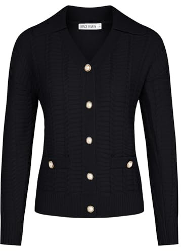 GRACE KARIN Damen Strickjacke mit Taschen V-Ausschnitt Langarm Klobiger Elastischer Knopf Strickpullover Strickmantel Schwarz XXL