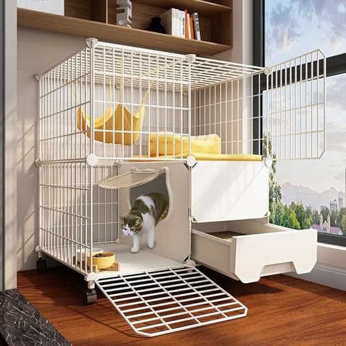 FENGFAUU Jaula para Gatos con Caja De Arena, Jaula para Gatos Grande Interior/Exterior, Corral para Gatos Desmontable, Recinto Gatos con Ruedas, Jaula Resistente Y Fácil De Ensamblar(75 * 39 * 77CM)