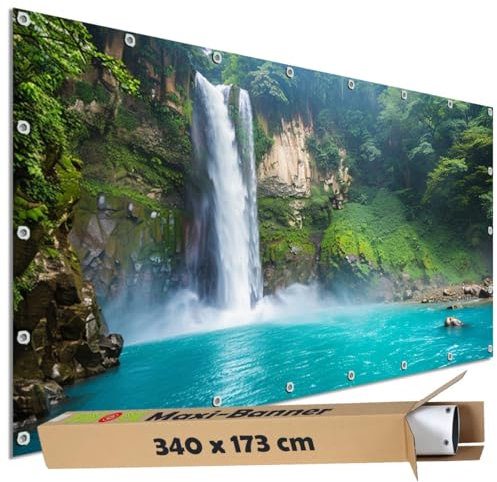 TRIOSK Sichtschutz Garten Dekoration Plane groß mit Motiv Wasserfall Tropen See Türkis Natur Motivbanner Blickdicht für Terrasse Zaun Gartenzaun Gartenposter PVC Zaunblende 340x173 cm