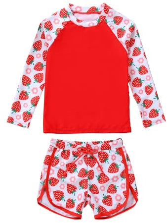 Haokaini Girls Swimming Costume Baby Strawberry Blocked Print Long Sleeve with Shorts 2pcs Set Bathing Suit for 11-12 Years