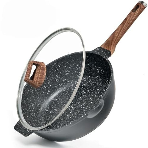 diig Non-Stick Frying Pan with Lid, 30 cm/5 L Wok Pan, Granite Coating, Cooking Pan, Cast Aluminium Flat Pan, Saute Pan, for All Types of Cookers Including Induction, Black