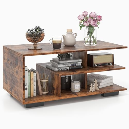 COSTWAY Couchtisch mit Stauraum, rechteckiger Wohnzimmertisch Retro mit L-förmiger Mittelablage, 3-stufiger geometrischer Kaffeetisch für Wohnzimmer, Empfangsraum, 90 x 50 x 42 cm (Rustikales Braun)