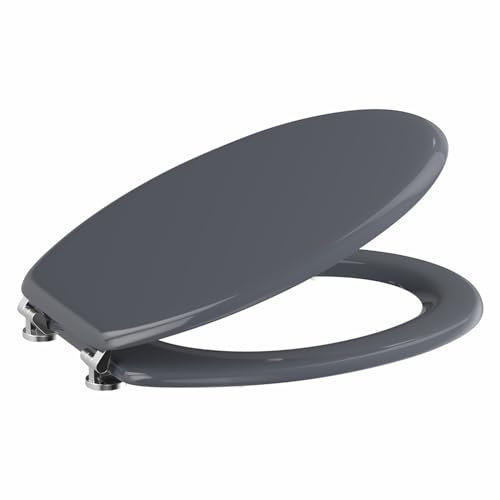 Affine® Toilet Seat Dark Grey Gloss Moulded Wood Round Wooden Bottom Fitting Fixings Traditional Bathroom Durable Hinges Easy Clean Seats for Toilets