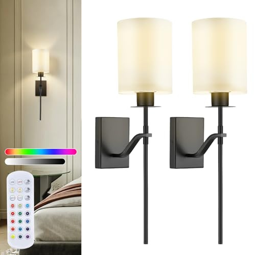 Battery Operated Wall Sconce Set of 2, Wireless Sconce Wall Lights 2 RGB Dynamic Modes +12 RGB Colors, USB Rechargeable Wall Light with Remote Control for Bedroom Living Room Corridor Kitchen (01)