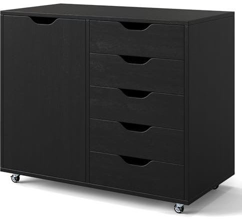 SFAREST Mobile File Cabinet, Lateral Stationery Vertical Rolling Filing Cabinets with Lockable Wheels, Wooden Storage Cabinets for Home Office (5 Drawers + 1 Side Cabinet, Black)