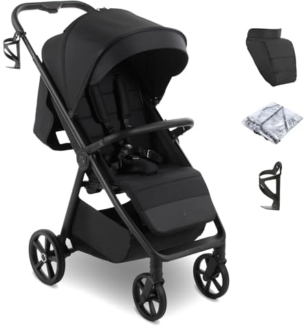 My Babiie MB170 Plus Pushchair – from Birth to 4 Years (22kg), 4-Wheel Suspension, Large Basket, XL Canopy, Foldable, Compact, Stroller with Footmuff, Cup Holder, Rain Cover – Black