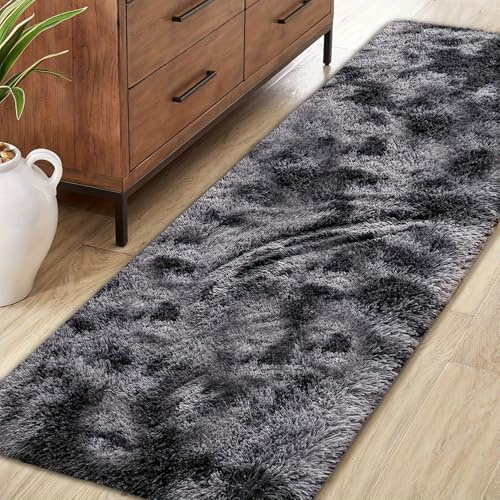 Jyswx Wohnzimmer Teppich Läufer – Waschbarer Rutschfester Fluffy Shaggy Teppich, Weicher Kuscheliger Teppich für Schlafzimmer, Kinderzimmer, Flur und Wohnzimmer, 60x180cm, Dunkelgrau Gefärbt
