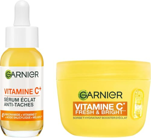 GARNIER - SkinActive Vitamine C - Crème Sorbet Hydratante Fresh & Bright (85 ml) + Sérum Jour Vitamine C (30 ml) - Réduit Les Taches Brunes, Unifie & Boost l’Éclat du Teint - Tous Types de Peaux | Vitamine Cg et Niacinamide, Réduit taches brunes, Texture sorbet légère et non collante, Hydrate & Unifie