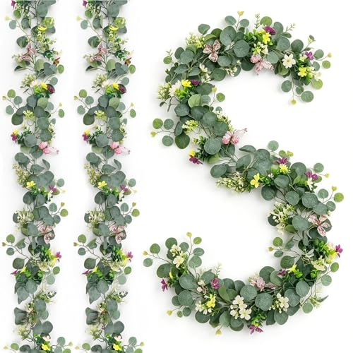 2 Stück Eukalyptus Blumengirlande Deko 5.74FT Künstliche Blumengirlande Eukalyptus Girlande mit 3D Schmetterlinge Bunten Blumen, Kunstblumen Ranke Girlande Frühling für Hochzeit Tischdeko Garten Deko