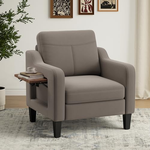MALOL Sessel Wohnzimmer, Ohrensessel Wohnzimmer mit Ausklappbarer Holzseitentisch, Polstersessel mit Armlehnen Einzelsofa, Relaxsessel,Lesesessel für Wohnzimmer Büro Schlafzimmer, Braun