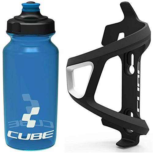 Cube HPP Left Side Loading Cage - Black/Blue & Flow Bottle - Blue, 500ml / Lightweight Bicycle Cycling Cycle Bike MTB Mountain Road Water Drink Flask Bidon Bracket Mount Holder HPA Set Accessories