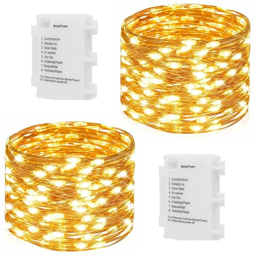 Koopower 2stk 50er LED Lichterkette Batteriebetrieben IP65 Wasserdicht für Außen und Innen,Automatisches Ein-Aus, 8 Programm Kupferdraht Lichterkette, Warmweiß