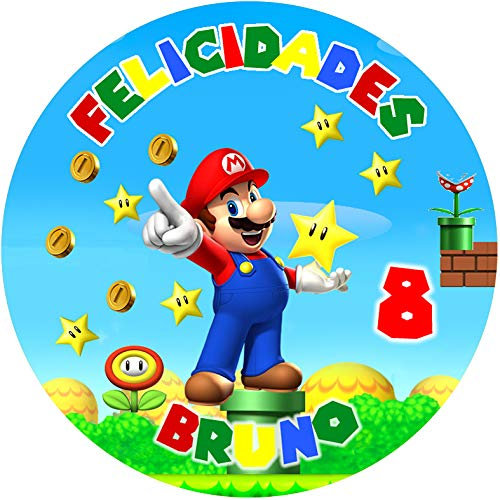 OBLEA SUPER MARIO BROS Redonda personalizada para Pastel o Tarta, Papel Comestible Decoracion Cumpleaños, Obleas Comestibles Torta Redondo - Vegano y Sin Gluten