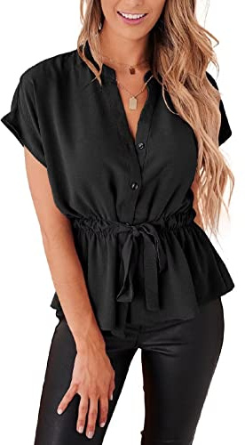 CiCiBird Womens Button Down Blouses Casual Peplum Summer Tops Dressy Chiffon Work Blouse Black L