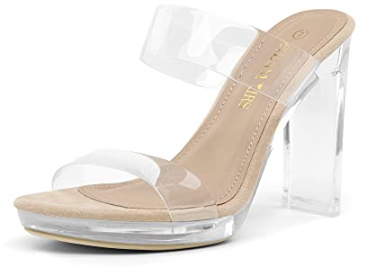 DREAM PAIRS Women's Clear Two Strap Open Toe High Block Chunky Slip on Dress Heel Sandals,Size 5,Nude/Clear,DHS217