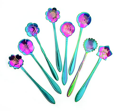 LEEFONE 8 cucharas de acero inoxidable para flores, cuchara de café, cuchara de azúcar, cucharadita de té, cuchara de agitación, cuchara de postre (10 cm, arco iris)