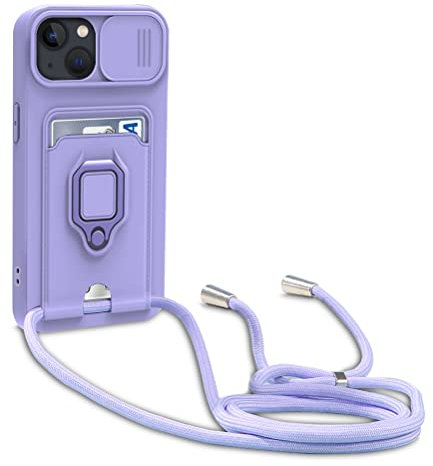 yanasuo Cover con Collana Compatibile con iPhone 13, Cover con Pratico Cordino, Slidable Protezione Fotocamera Slot Carte 360° Anello Supporto, Porpora
