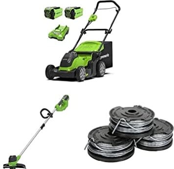 Greenworks Akku-Rasenmäher 40V 35cm + Akku-Rasentrimmer 40V + 3 Stück Doppel-Fadenspule