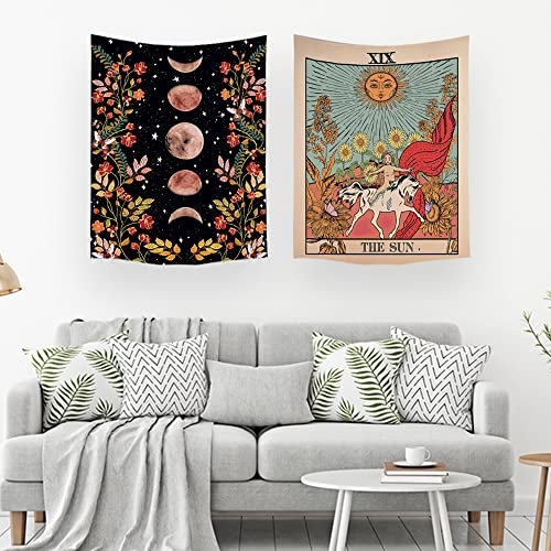 Ulticool – Wandteppich Dekoration Wohnung - Sonne Natur Blumen Tarot Horoskop Retro - Set von 2 Motiven – 73 cm x 95 cm - Wandtuch - Accessoires für Schlafzimmer Wohnzimmer Kinderzimmer