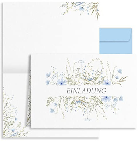 10x Einladungskarten zarte Blümchen Blau Aquarell mit Umschlägen Klappkarten Einladung Party Geburtstag Umschläge elegant Hochzeit Jubileum 20 30 40 50 60 70 80 Blätter Vintage
