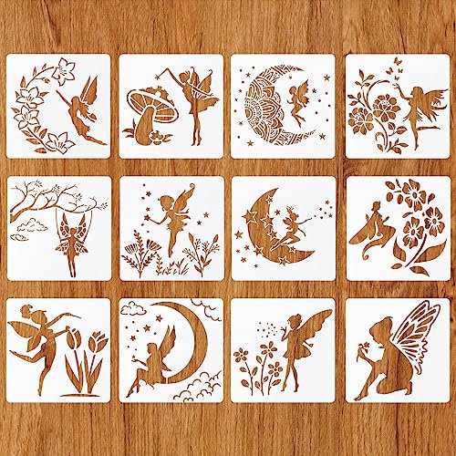 MWOOT 12 Stück Schablonen Feen, Fairy Zeichnung Malschablonen Set, Wiederverwendbar DIY Schablonen für Scrapbooking Karten Boden Wand Fliesen Leinwand Möbel Dekor (20X20cm)