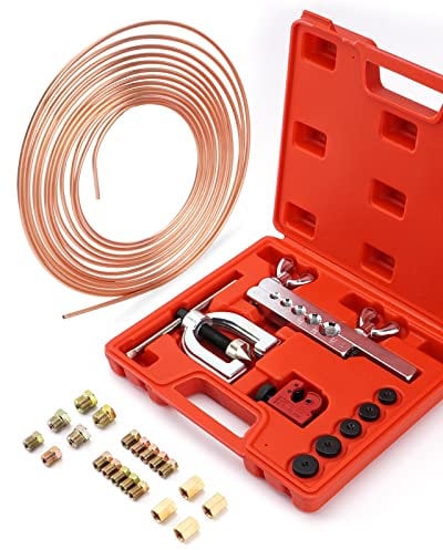 Bremsleitung Bördelgerät, 7,6 m Bremsleitung Ø 4,75 mm 3/16 Stahl im Set (16 Verschraubungen+ 4 Verbinder), Doppelt und Einfach Bördelgerät für Bremsleitung