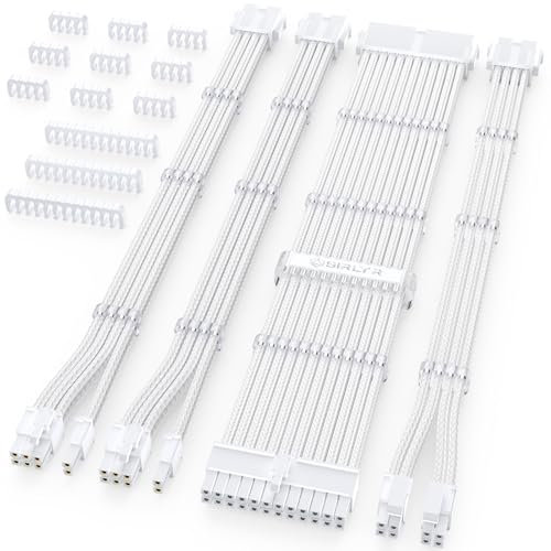 Sirlyr PSU Cable Extension Kit,Bright White Sleeved PC Cables Extensions Mod,24Pin ATX x1 8Pin EPS x1 8 Pin PCI-E x2,Gold-Plated Pins for GPU Power Supply with Pre-Install Cable Combs,4 Kits