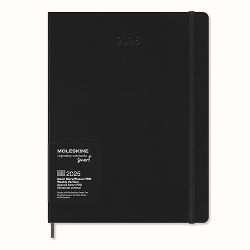 Moleskine Weekly Planner, Smart Kalender Pro 12 Monate 2025, Smart PRO Planner, Elastischer Verschluss, Schwarz, Extra Großformat 19x25 cm