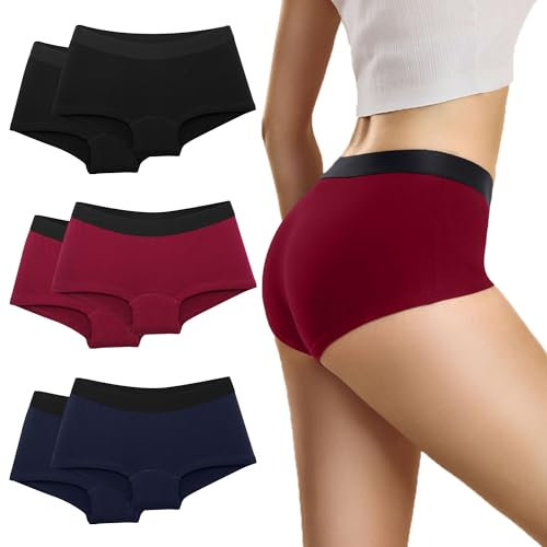Desanlapi Boxershorts Damen Baumwolle Panties Hotpants Unterwäsche Frauen Sportunterwäsche Pantys 6er Pack Schwarz Marineblau Dunkelrot L