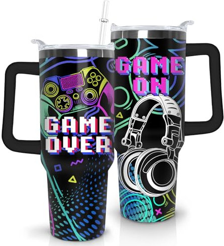 Game Tumbler with Lid and Straw, 40oz Gamer Water Bottle Cup with Handle, Gaming Travel Coffee Mugs, Birthday Gifts for Gamer Men Boys