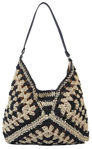 Ladies Straw Shoulder Bag For Women Summer Beach Bag Large Fashion Shoulder Bag Straw Bag Hand-woven Handbags for Work Beach Trip Vacation (Black)