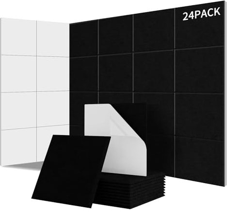 Sonuvia Lot de 24 panneaux acoustiques carrés autocollants I Isolation phonique efficace haute densité (230kg/m³) NRC 0.95 – Parfaits pour murs et portes,, salle de jeux, Noir