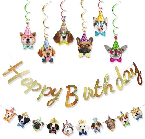Calkkrer Buntes Hund Geburtstag Party Set,Hund Geburtstag Banner und 6 Hundespiralen, Hunde Party Dekoration, Haustier Geburtstag, Hundetorte Tortendekoration