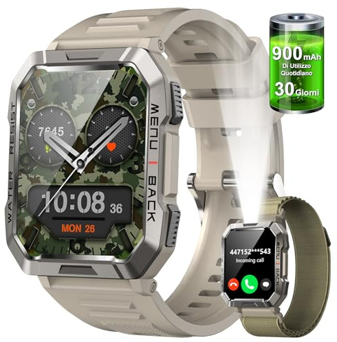 Militare SmartWatch Uomo(Rispondi/Effettua Chiamate), Fitness Tracker con Torcia/Bussola/900mAh Batteria /24H Cardiofrequenzimetro/Sonno/ SpO2/100+ Modalità Sport per Android IOS (2 Cinturini)