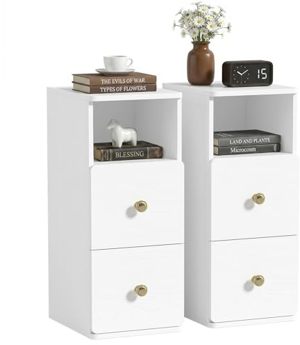 Yvsevnr Nachttisch 2er Set Kleiner Beistelltisch Nachtschrank Schmal 20 cm breit mit Schublade und Offenes Fach, Platzsparend, Holz Couchtisch für Kleine Räume, Wohnzimmer, Schlafzimmer