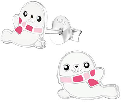 Laimons Mädchen Kids Kinder-Ohrstecker Ohrringe Kinderschmuck Robbe 9 x 7mm Weiß, Rosa Sterling Silber 925