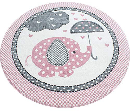 Carpettex Kinderteppich Elefant Design Pink 120 cm Rund - Kurzflor Teppich Kinderzimmer für Mädchen und Jungen Pflegeleicht Weich - Waschbarer Spielteppich Babyteppich Gaming Teppich Babyzimmer