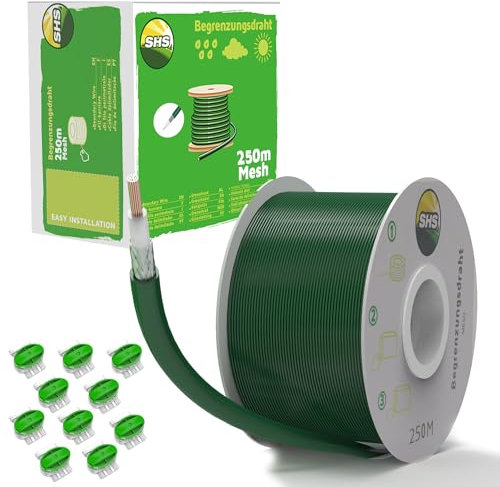 Câble de délimitation en Maille de 250 m + 10 connecteurs de câble pour Tondeuse Robot Tondeuse à Gazon, kit d'accessoires de Fil de délimitation pour câble de Recherche