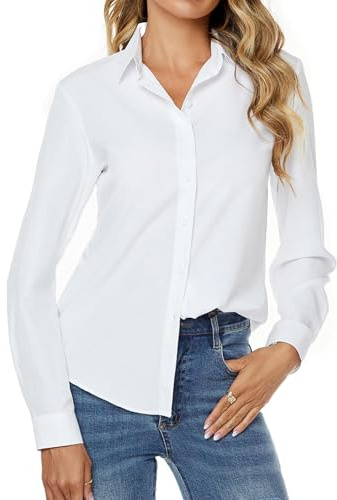 jonivey Womens Stretch Button Down Long Sleeve Shirt Soft Basic Wrinkle Free Work Business Formal Casual Blouse (White,XL)