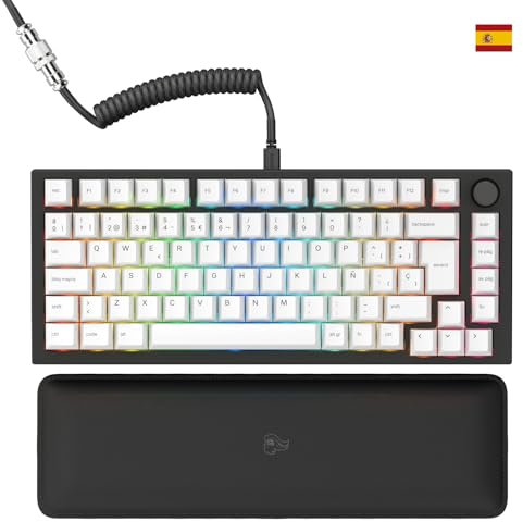 Glorious Gaming GMMK PRO 75% - Teclado gaming mecánico modular, TKL, carcasa de 1,5 kg, personalizable, cable espiral, reposamuñecas, keycaps blancas, RGB, distribuciones QWERTY español - Negro