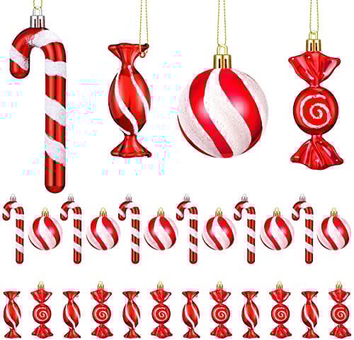 24 Pcs Christmas Candy Cane Ornament Plastic Peppermint Candy Cane Christmas Decorations Xmas Hanging Lollipop Pattern Decorations with Rope for Xmas Holiday Festival Decor Photo Booth Prop