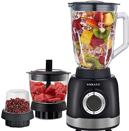 SOKANY 1000W Blender mixeur, 5 Vitesses Réglables + Pulse, Multifonctionnel 3 en 1, 1,5L Blender Smoothie, 0,7L Hachoir à viande, 0,25L Broyer, Sans BPA