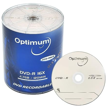 Optimum DVD-R 4,7 GB 16 x Disco de Medios grabable con Logotipo de la Marca, 100 Discos (sin contenedor)
